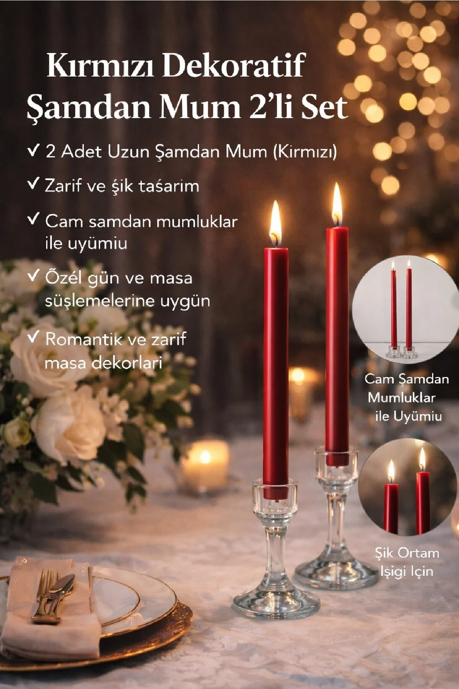 LUXE Şamdan Mum Seti 2’li Gold / Ivory / Silver Dekoratif Uzun Şamdan Mum gorsel 2