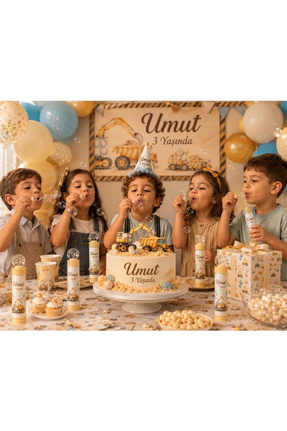 Kişiye Özel İsim Baskılı İnşaat Temalı Köpük Baloncuk Bubble Oyuncağı Çocuk Doğum Günü Parti Hediyeliği İş Makinesi Kepçe Konsepti 18'li 36'lı 54'lü Set gorsel 2