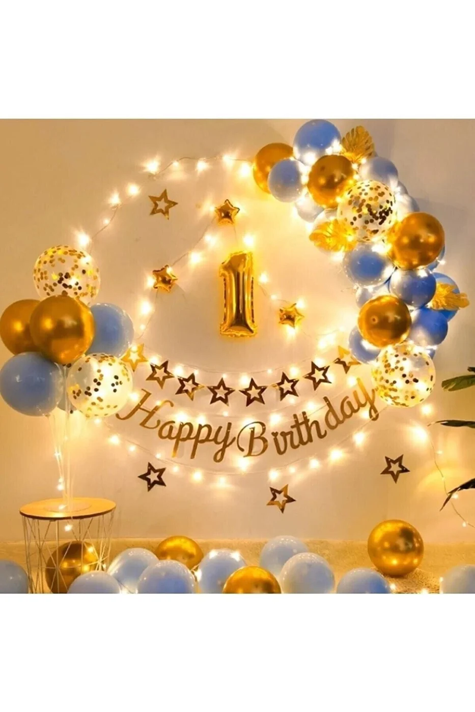 Led Işıklı Gold Mavi Balon Kemer Kiti Doğum Günü PArti Seti Süsü gorsel 3