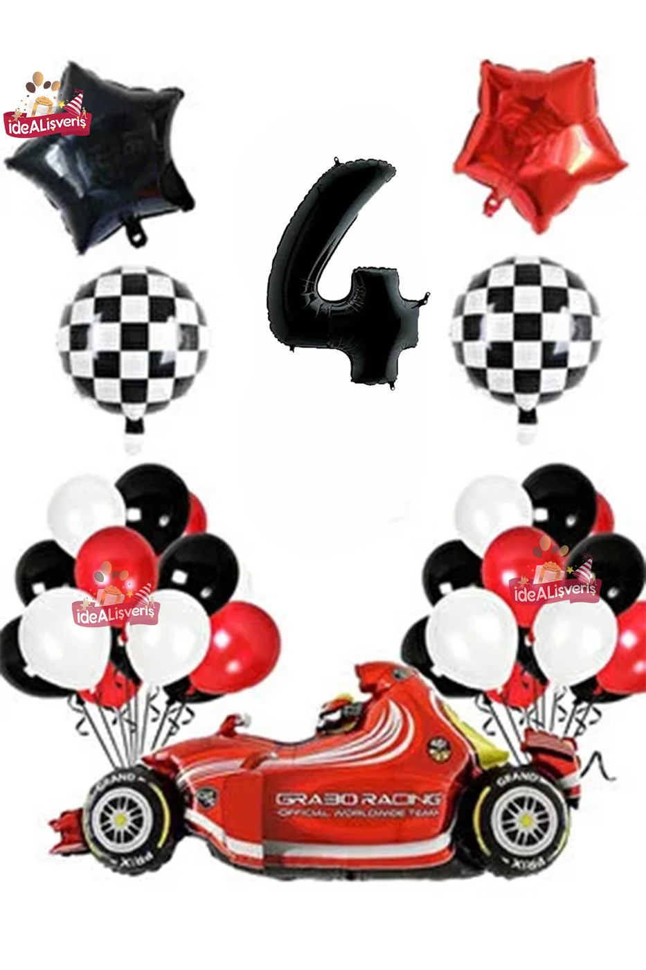 Formula Yarış Arabası 4 Yaş Siyah Kırmızı Beyaz Konsept Doğum Günü Parti Seti