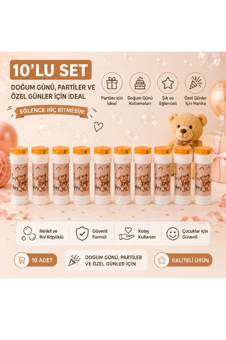 Ayıcıklı Doğum Günü Baloncuk Seti 10'lu Köpük Baloncuk Tüpü Parti Hediyeliği Bubble Oyuncağı