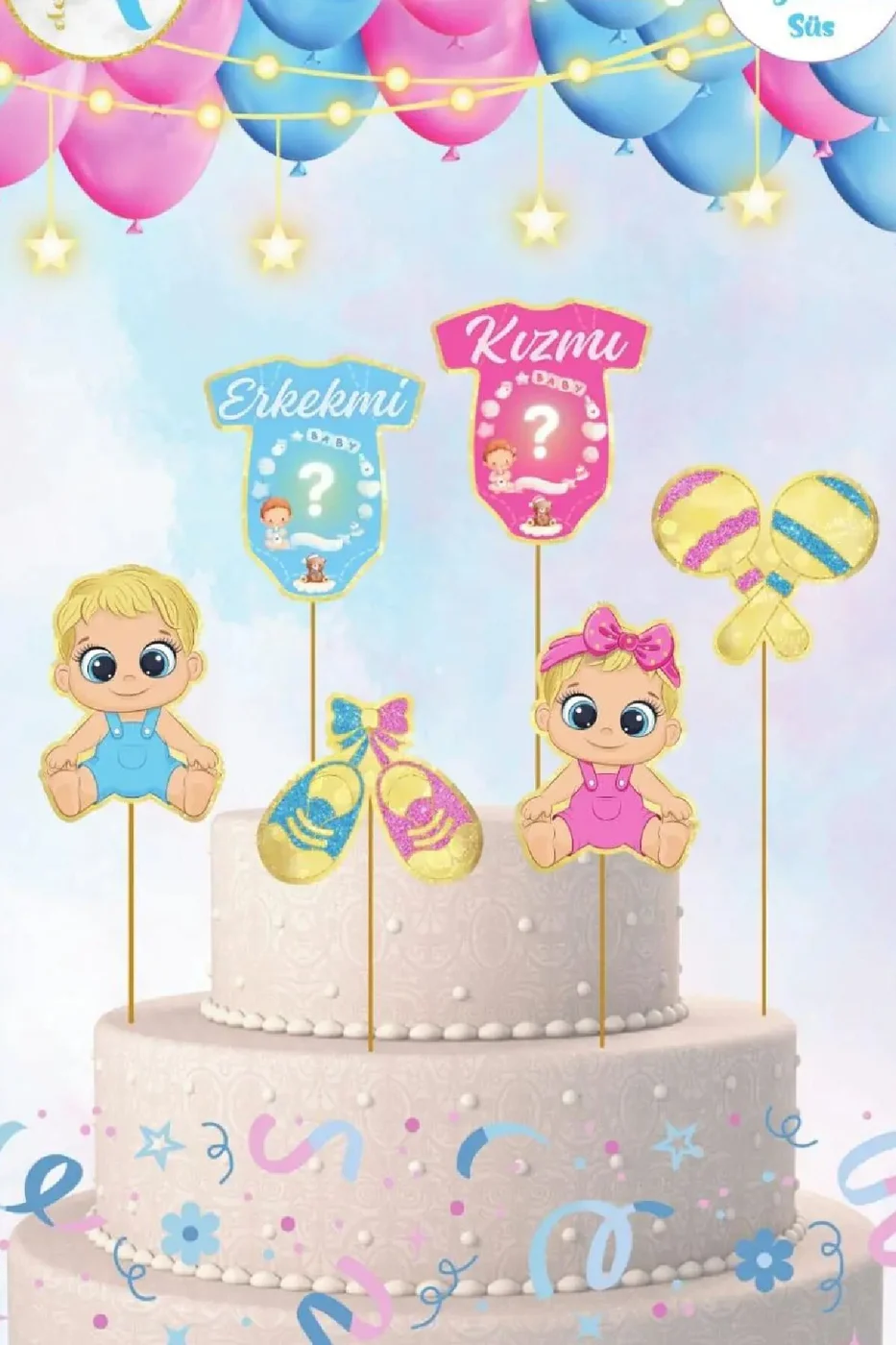 6 adet, Cinsiyet Temalı Doğum Günü Pasta Süsü Cinsiyet Baby Pasta Süsü