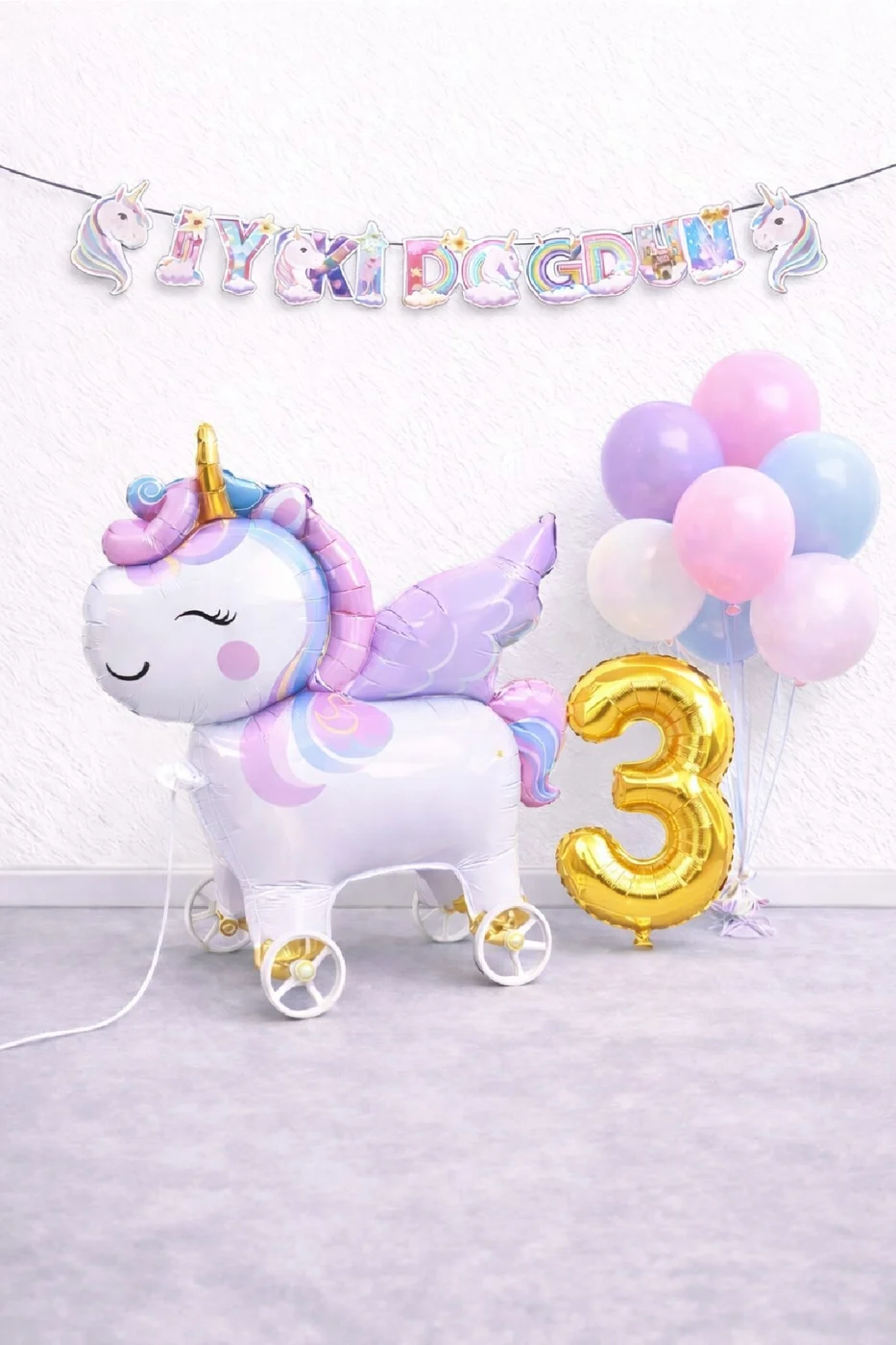 Mini Tekerlekli Unicorn Balonlu Karışık Balonlu Doğum Günü Seti Gold Rakamlı Parti Seti Süsü