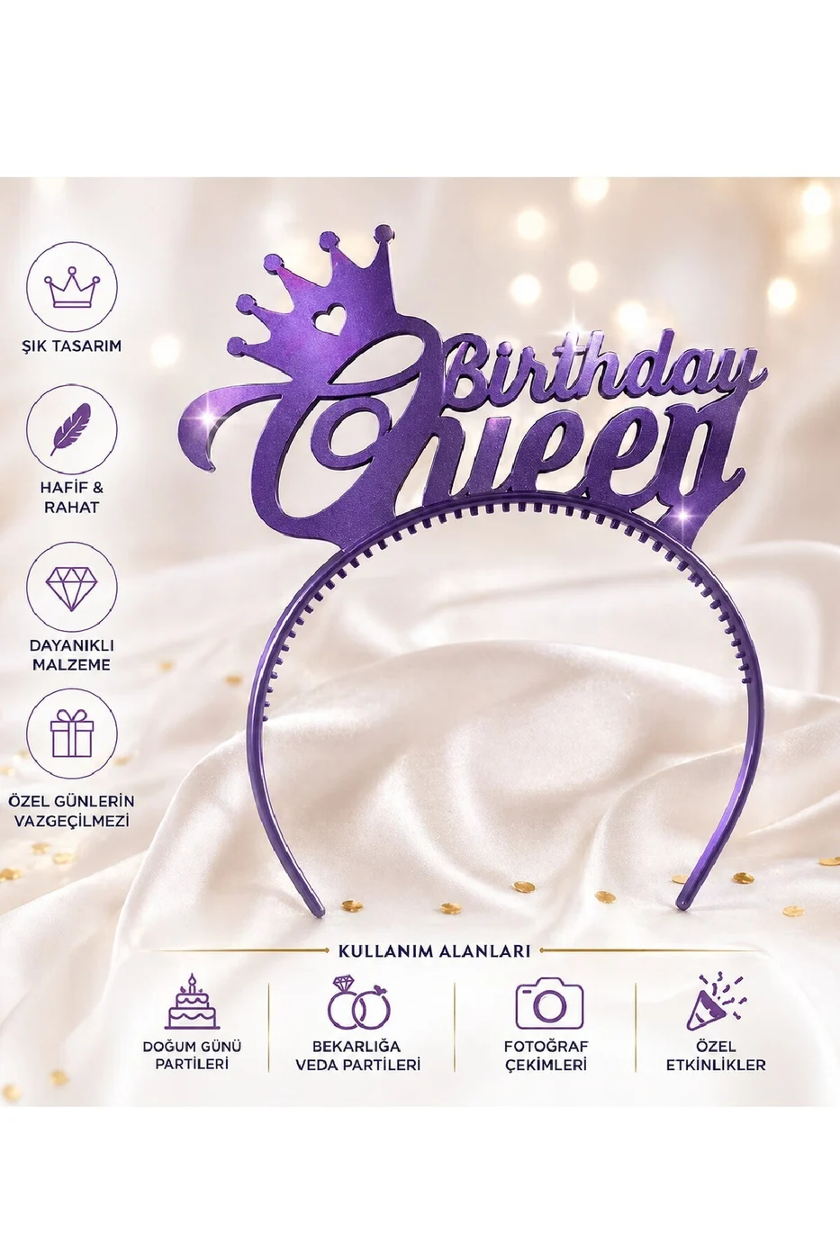 Birthday Queen Taç – Mat Altın, Gümüş, Pembe, Lila Renk Seçenekli Doğum Günü Parti Tacı gorsel 2