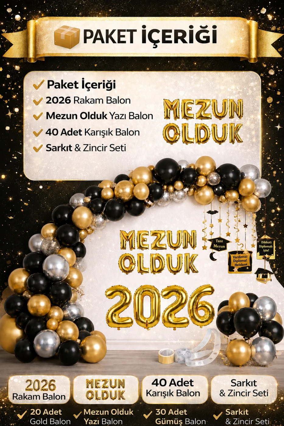 Mezuniyet Balon Seti 2026 – Siyah Gold Balon Zinciri + Mezun Olduk Yazı + Rakam Balon Parti Süsleri gorsel 2