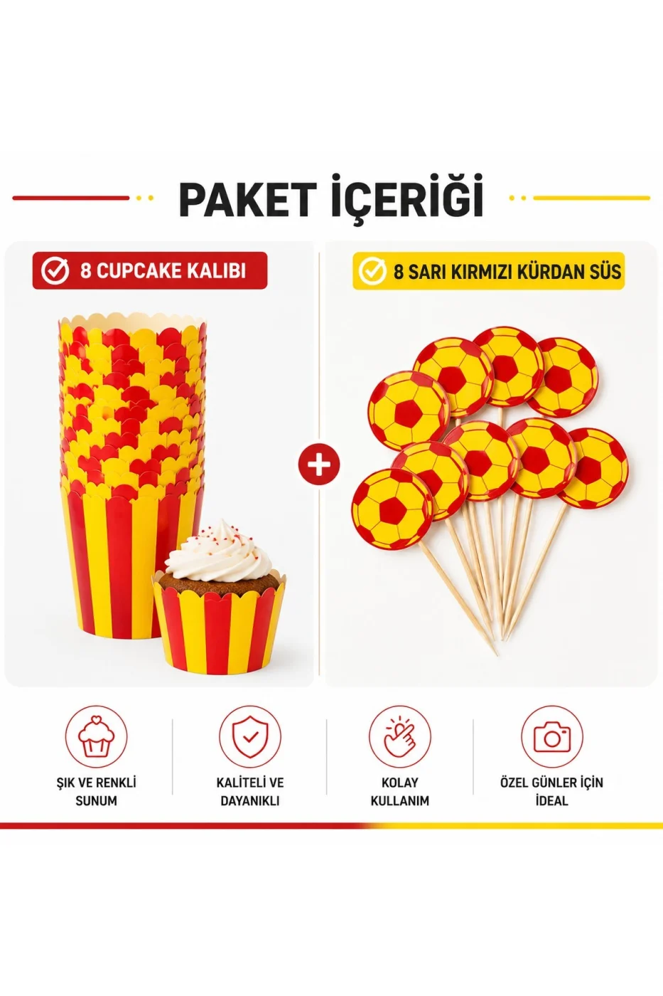 Sarı Kırmızı Cupcake Kalıbı ve Kürdan Süs Seti 16 Parça – 8 Cupcake Kalıbı + 8 Futbol Kürdan Doğum Günü Parti Malzemesi gorsel 2