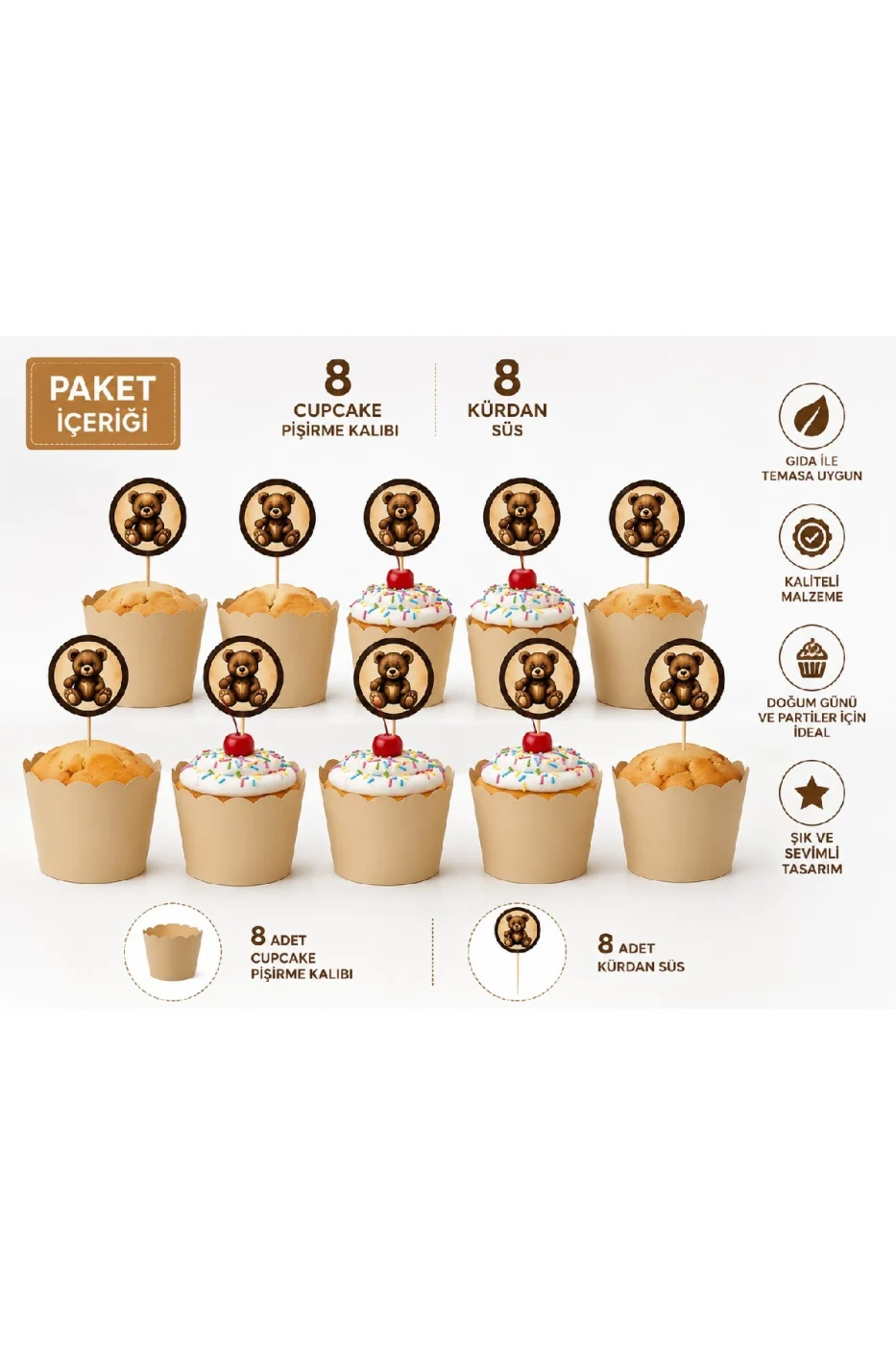 Teddy Bear Cupcake Süsü Seti | 8 Cupcake Kalıbı + 8 Ayıcık Kürdan | Baby Shower | 1 Yaş Doğum Günü | Parti Malzemeleri | 16 Parça