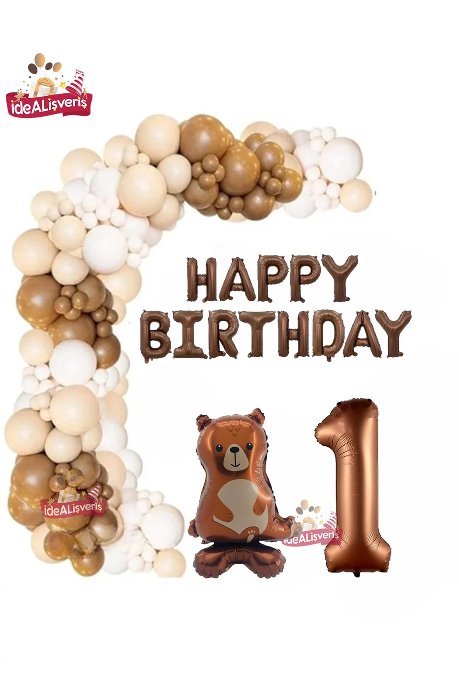 Ayaklı Ayı Happy Birthday 1 Yaş Folyo Balon Krem Beyaz Kahverengi Konsept Doğum Günü Parti Seti