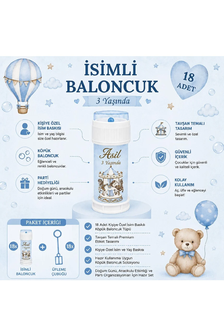 Kişiye Özel İsimli Köpük Baloncuk 18 Adet Erkek Doğum Günü Parti Hediyeliği Mavi Konsept gorsel 2