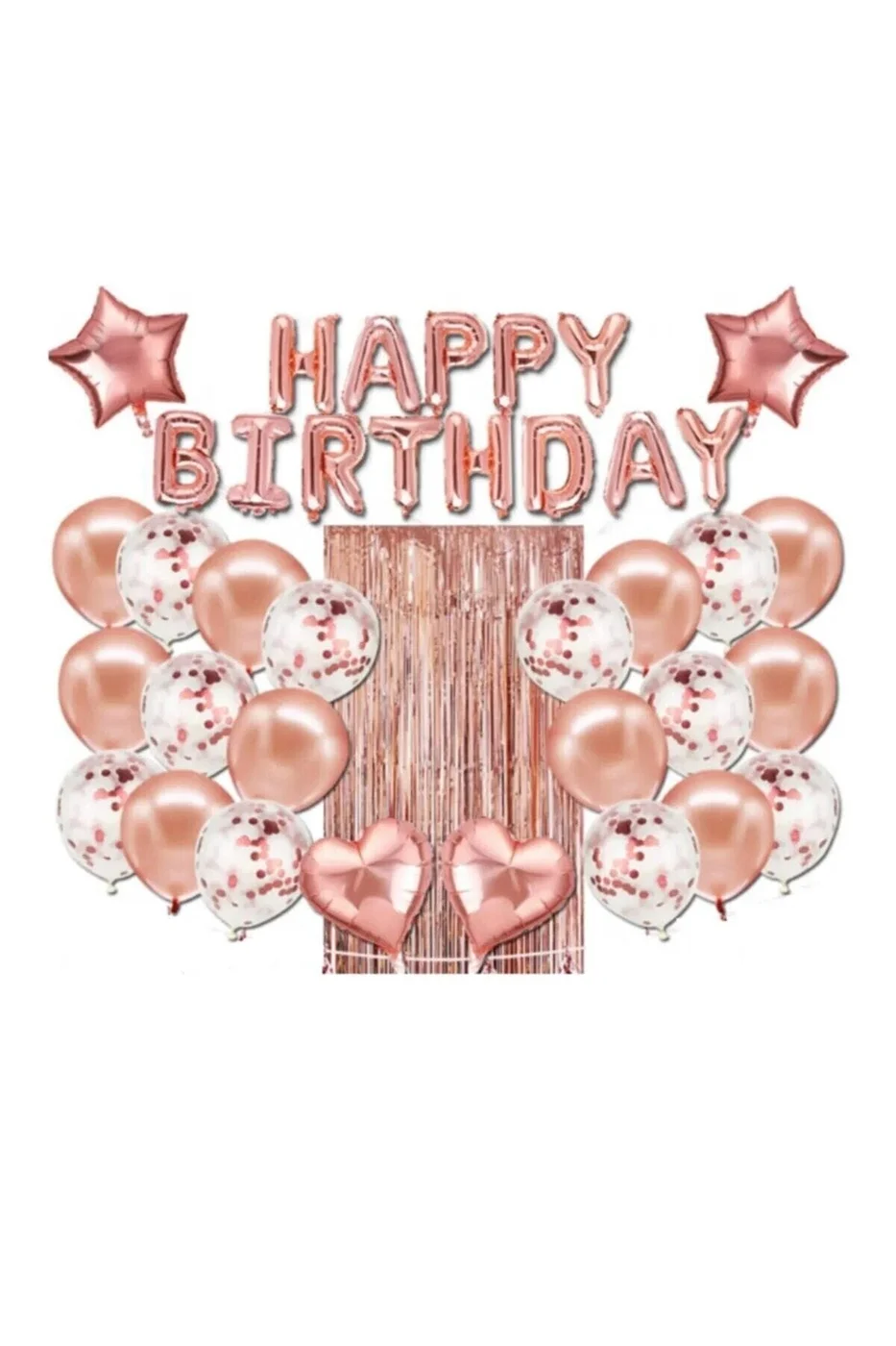 Lüks Happy Birthday Rose Gold Folyo Balon, Yıldız Ve Kalp Folyo Ve Şeffaf Balonlu Doğum Günü Seti