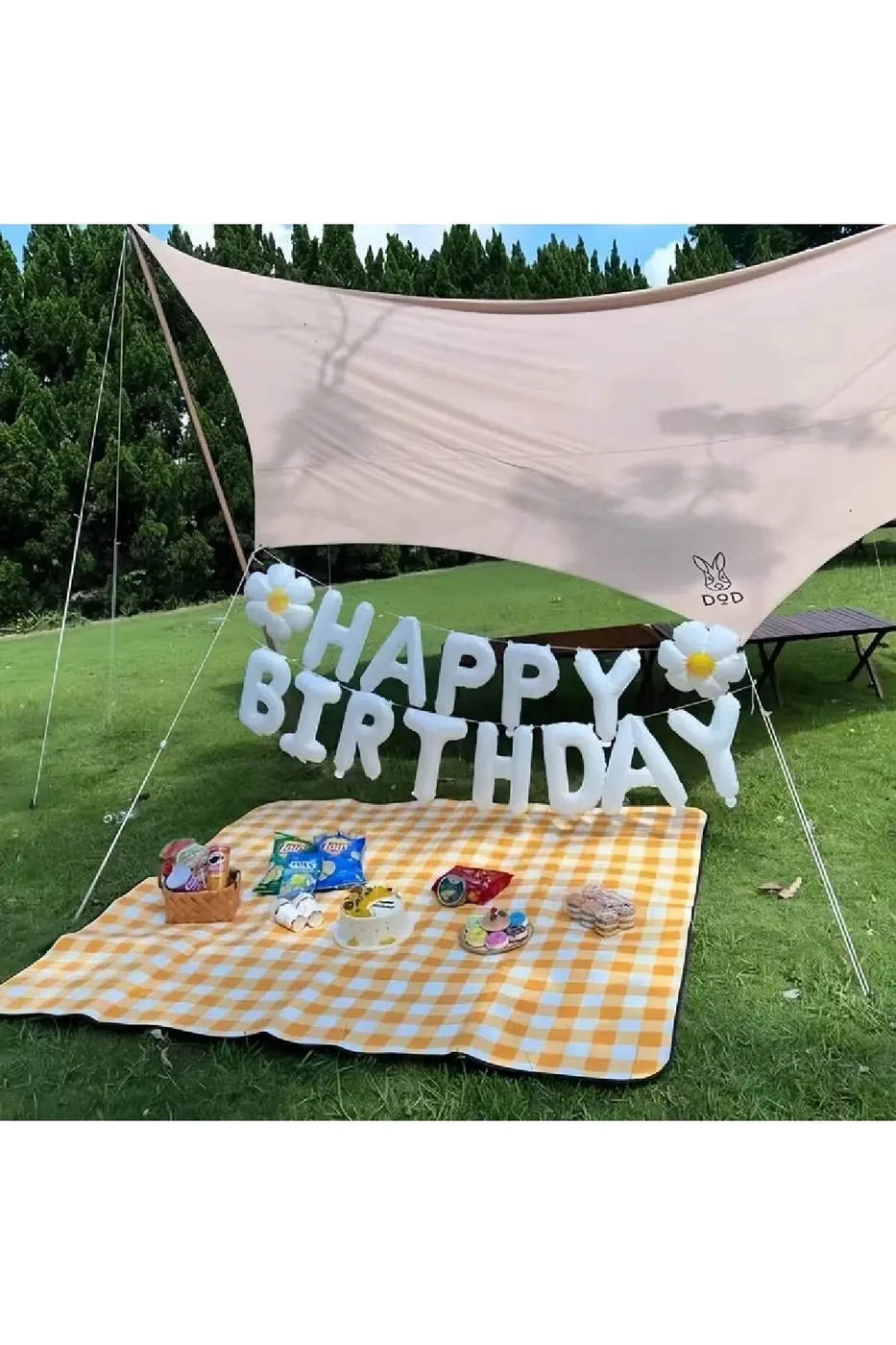 Beyaz Renk Happy Folyo Balonları Pankart Seti, 2 Papatya Balonu ile gorsel 4