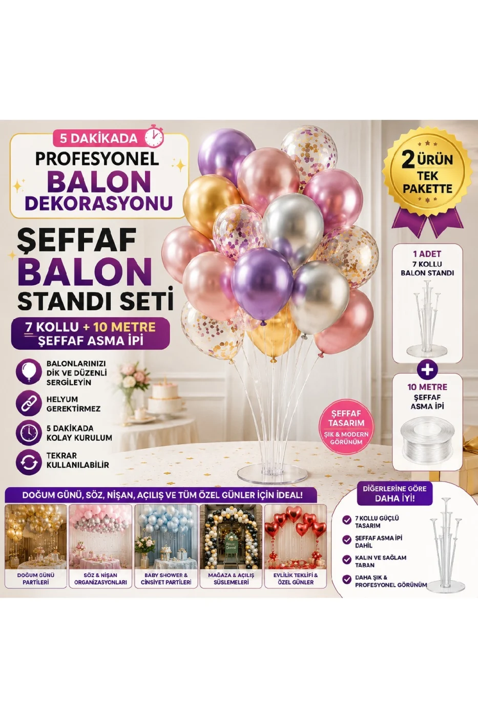 2'li Şeffaf Balon Standı Seti | 7 Kollu Balon Standı + 10 Metre Şeffaf Asma İpi | Doğum Günü, Baby Shower, Nişan ve Organizasyonlar İçin Parti Aksesuarı Parti Seti Süsü gorsel 2