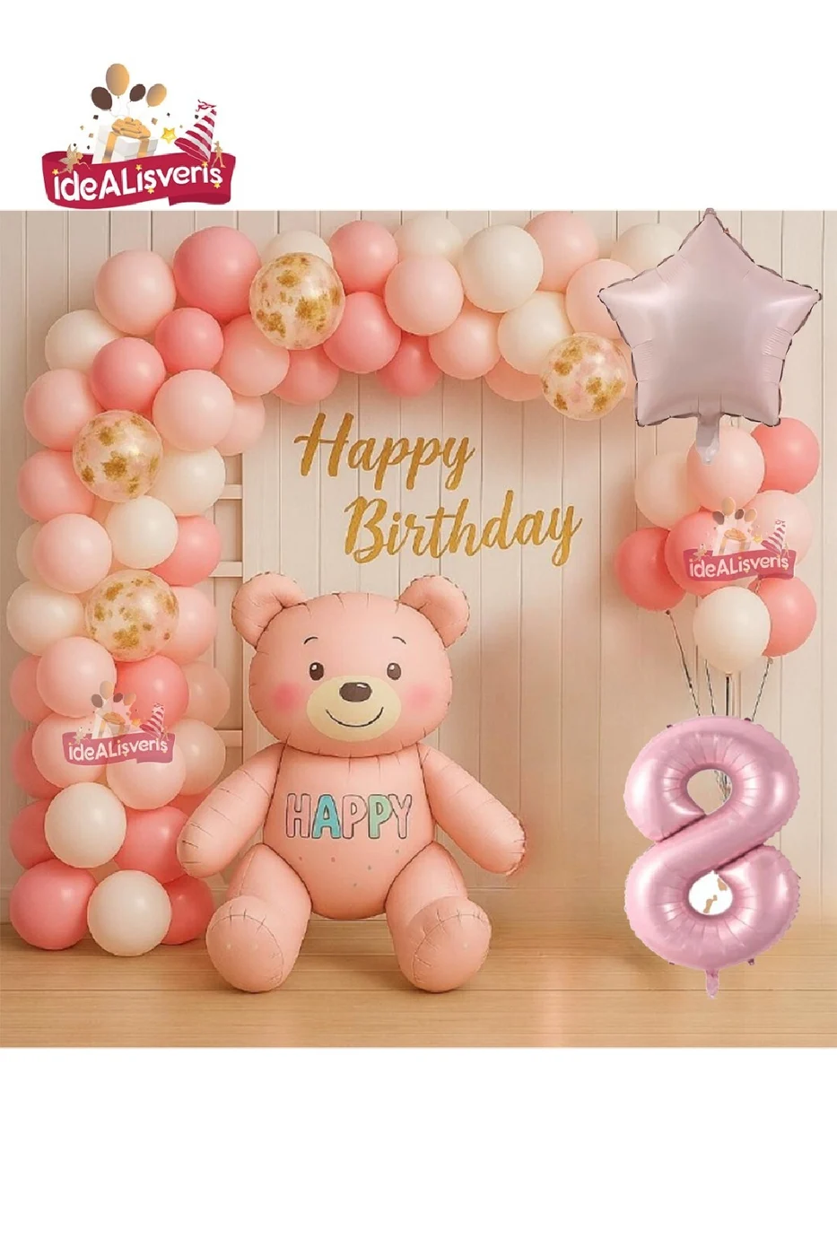 KIZ ÇOCUKLAR İÇİN PEMBE YAŞ AYICIK FOLYO BALONLU DOĞUM GÜNÜ PARTİ SETİ SÜSÜ gorsel 7