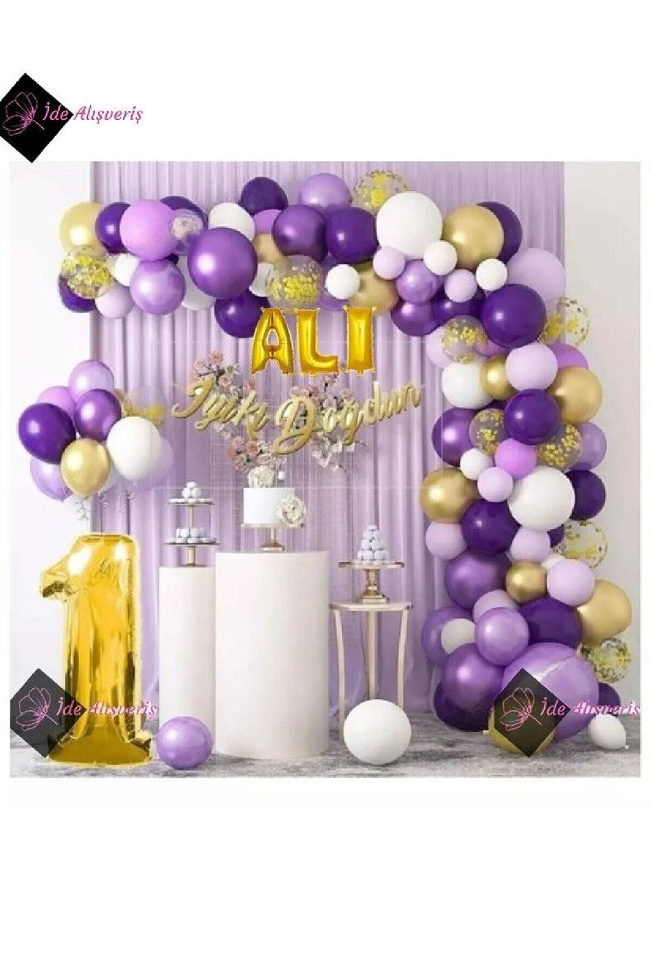 3 Harf İsimli 1 Yaş Macaron Mor Balon Zinciri Seti Gölge Mor Altın Balon Dekorasyon gorsel 3