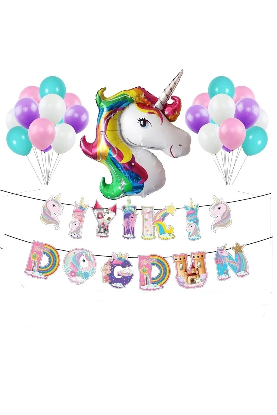 Karakter Unicorn Uzar Yazılı Doğum Günü Süsü Unicorn Balon Doğum Günü Parti Seti gorsel 2