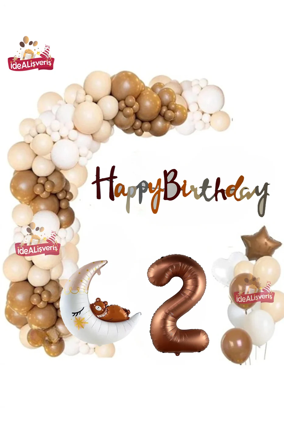 Kahverengi 2 Yaş Kalp Yıldız Ayılı Ay Folyo Balonlu Balon Zincirli Doğum Günü Parti Seti