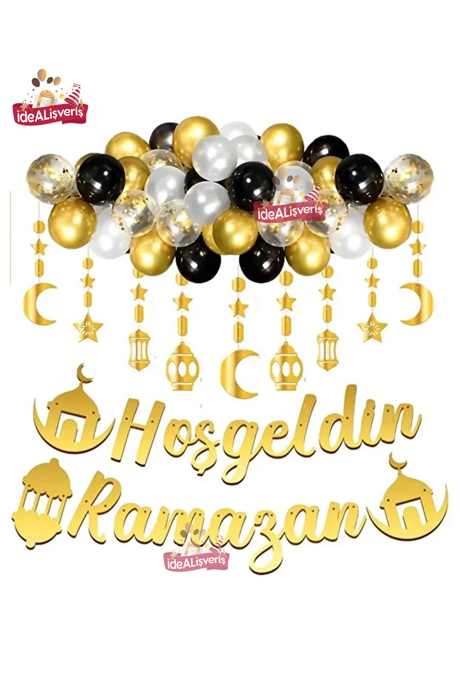 Hoşgeldin Ramazan Yazılı Sarkıt Süslü Gold Siyah Ramazan Seti