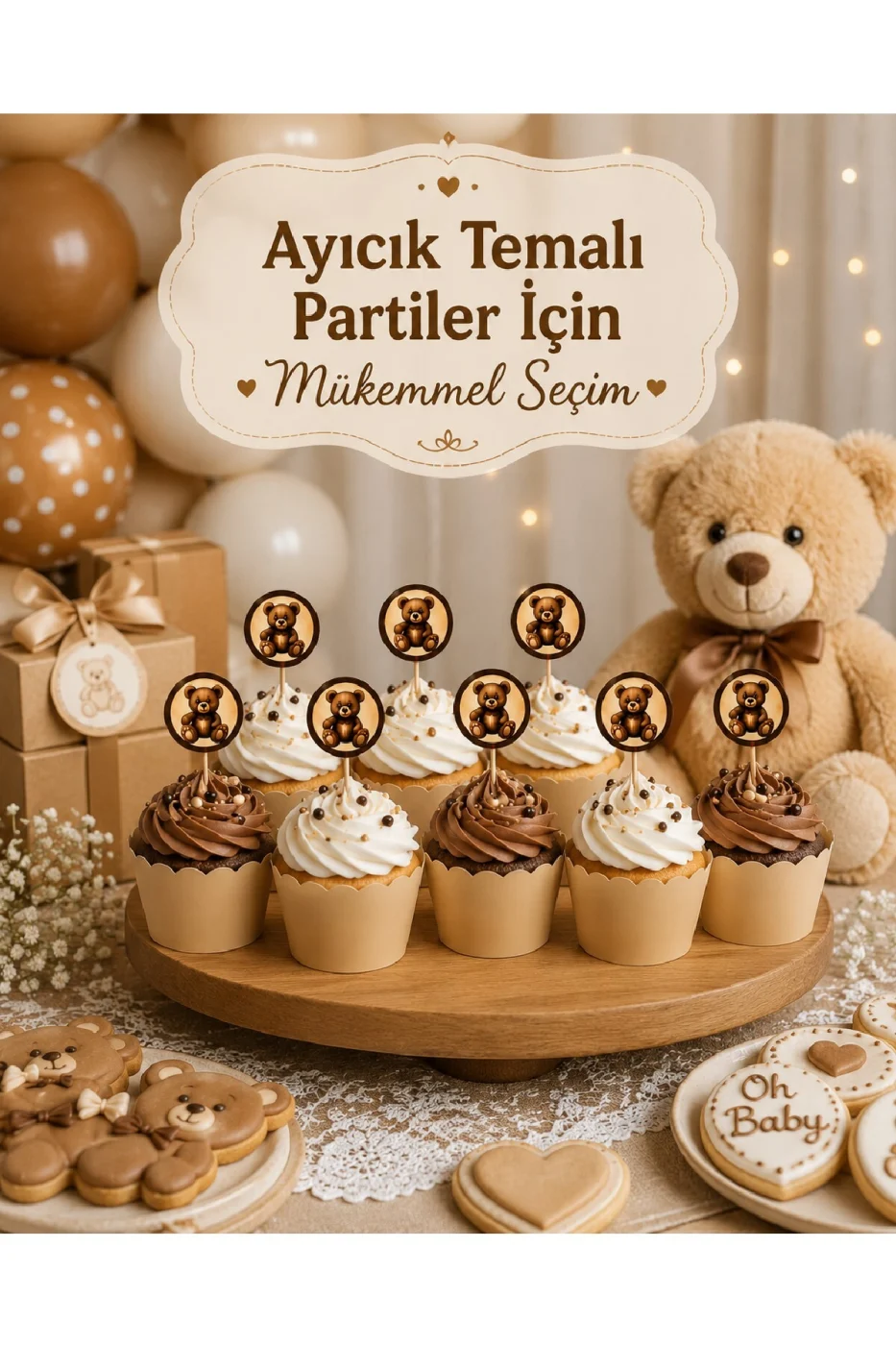 Teddy Bear Cupcake Süsü Seti | 8 Cupcake Kalıbı + 8 Ayıcık Kürdan | Baby Shower | 1 Yaş Doğum Günü | Parti Malzemeleri | 16 Parça gorsel 3
