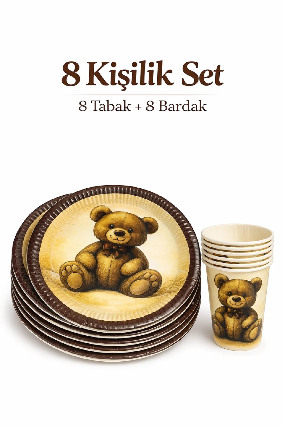 Ayıcık Temalı 8 Kişilik Parti Seti (8 Tabak + 8 Bardak)