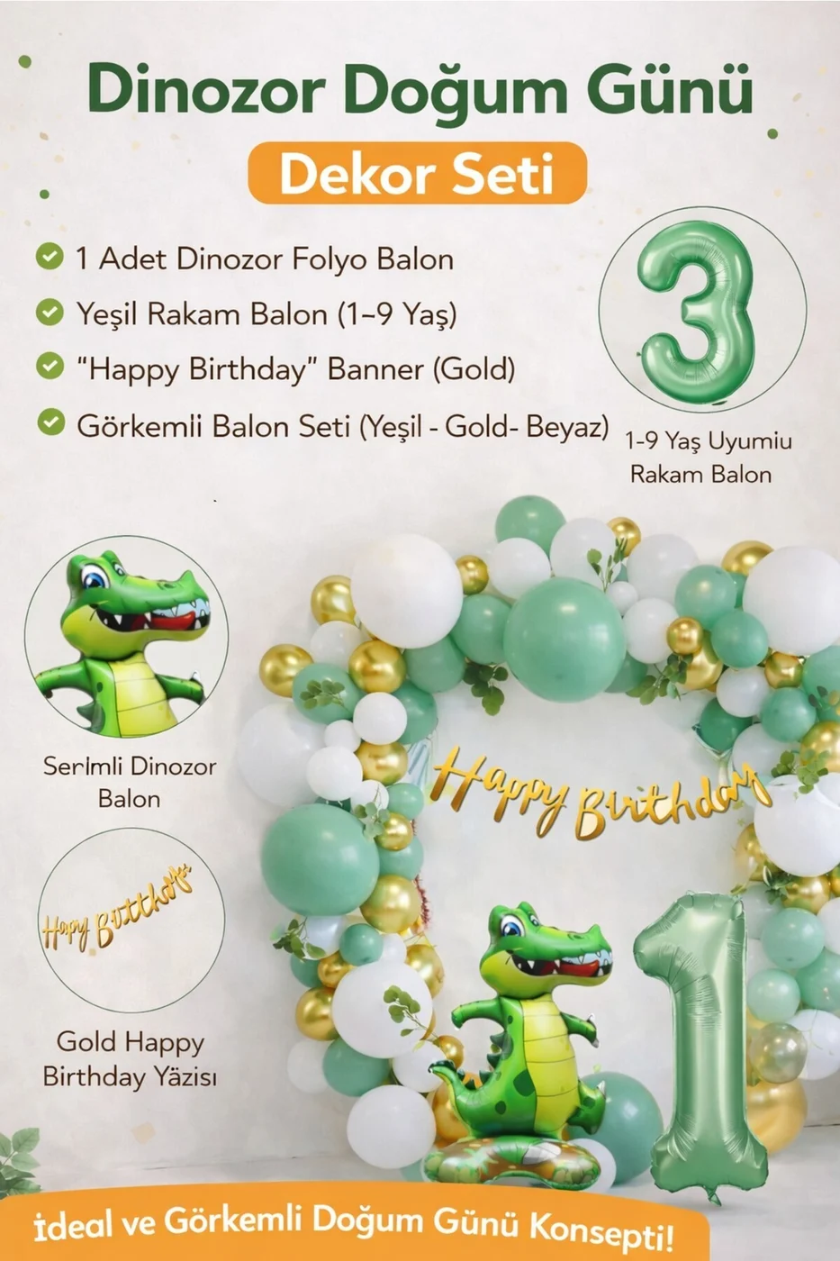 Dinozor Temalı Yaş Balonlu Doğum Günü Parti Seti Yeşil Gold Balon Seti & Dino Balon Seti gorsel 2