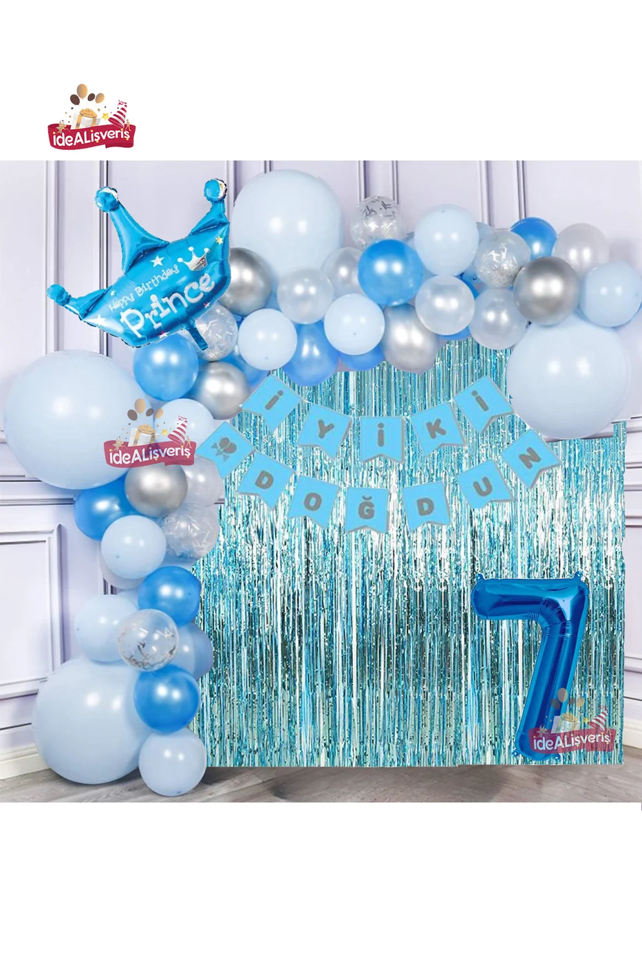 Mavi Gümüş Konseptli 7 Yaş Prens Taçlı Doğum Günü Balon Zincir Seti