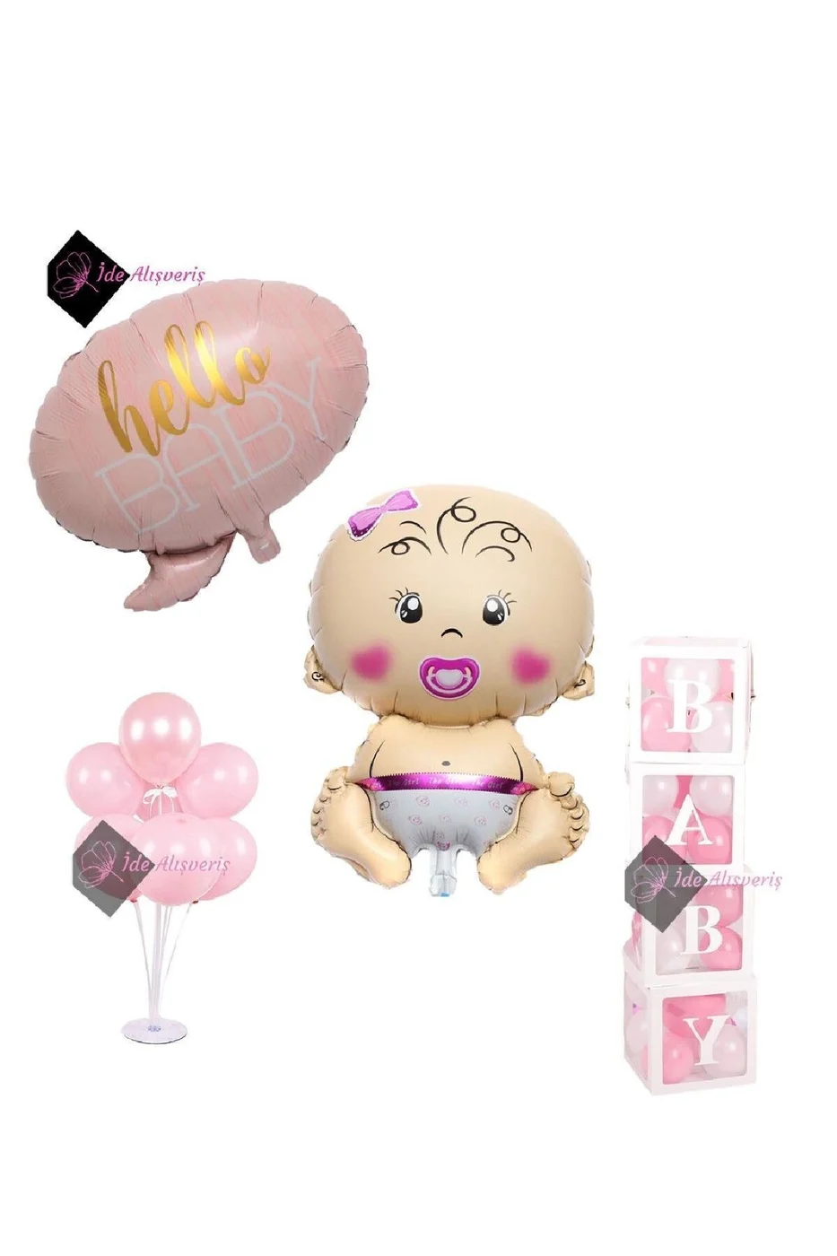 Lüks Hastane Oda Süsleme Seti Kız Bebek Folyo - Hello Baby Folyo - 4 Baby Kutu - 7 Li Stant
