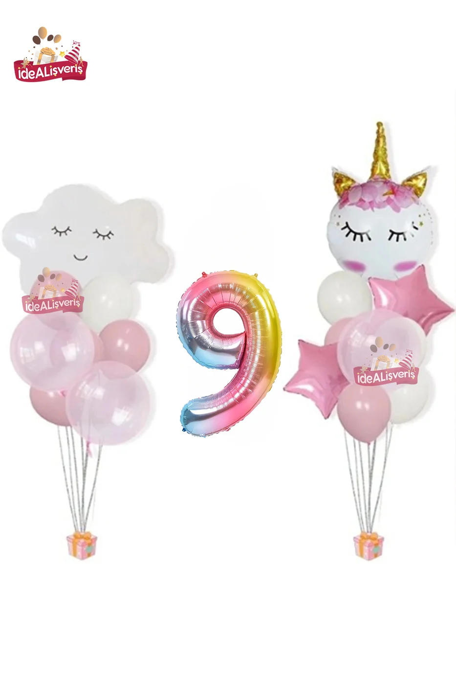 Bulut Eyelash Gökkuşağı 9 Yaş Folyo Pembe Beyaz Balonlu Doğum Günü Parti Seti