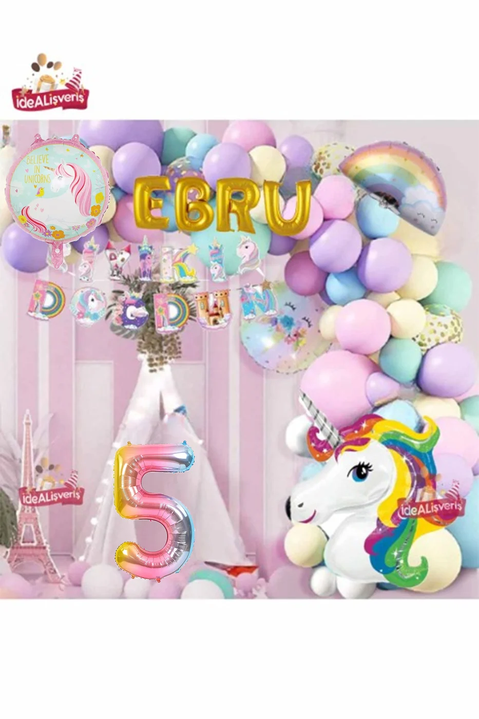 4 Gold Harfli Yaş Unicorn Temalı Iyi Ki Doğdun Makaron Balon Doğum Günü Parti Kutlama Seti Süsü