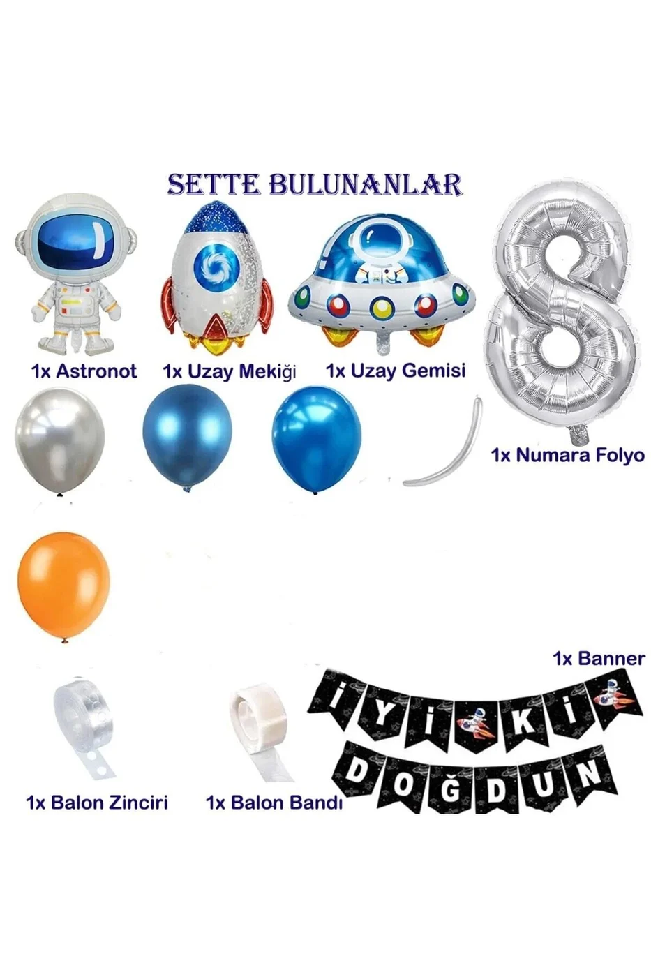 Uzay Temalı Doğum Günü Seti 8 Yaş 4 Adet Folyo, 50 Lateks Balon, Banner, Balon Zinciri, Balon Bandı gorsel 2