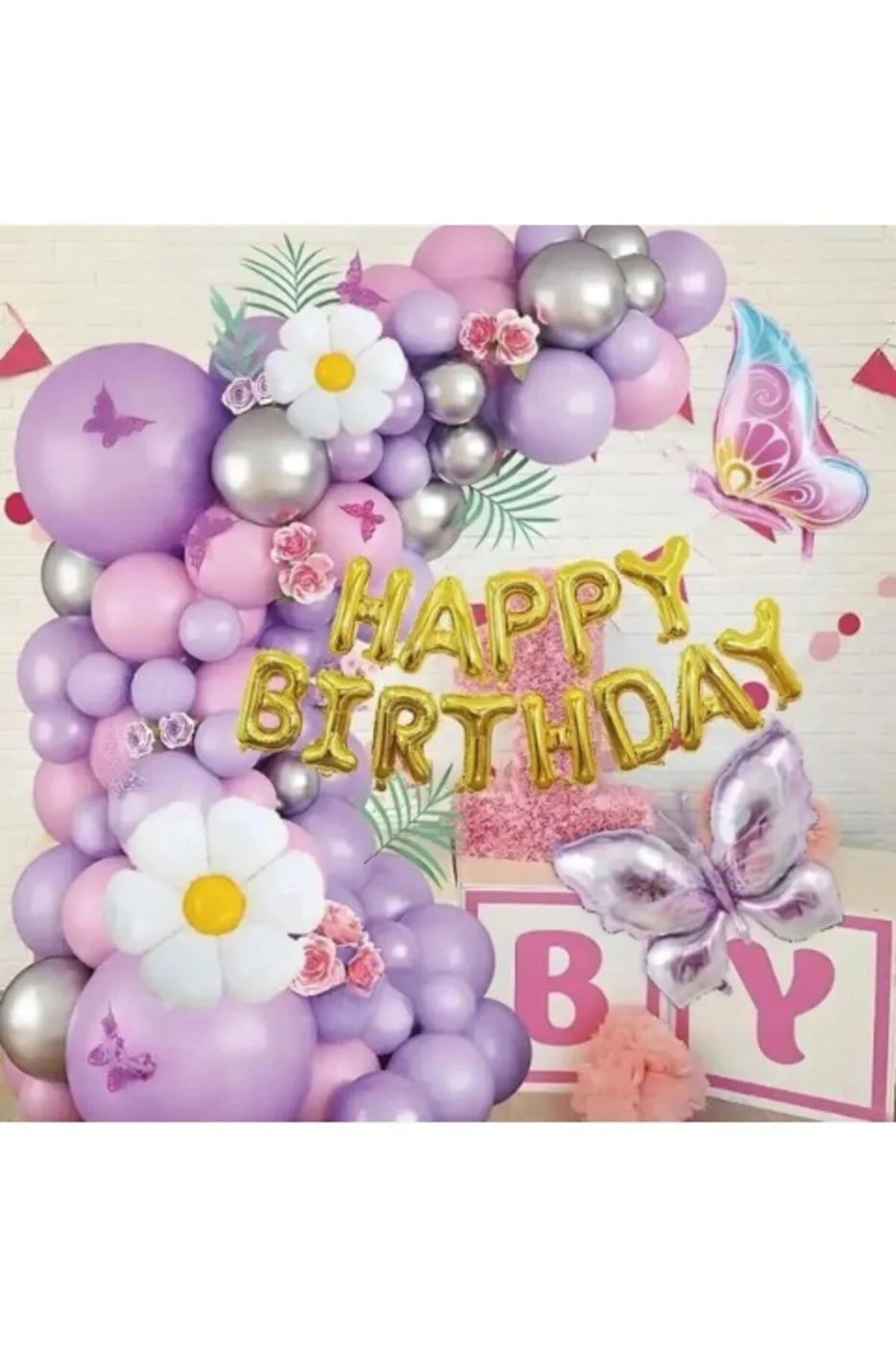 2 Lİ KELEBEK PAPATYA FOLYO BALONLU HAPPY BIRTHDAY BALON ZİNCİR DOĞUM GÜNÜ PARTİ SETİ SÜSÜ
