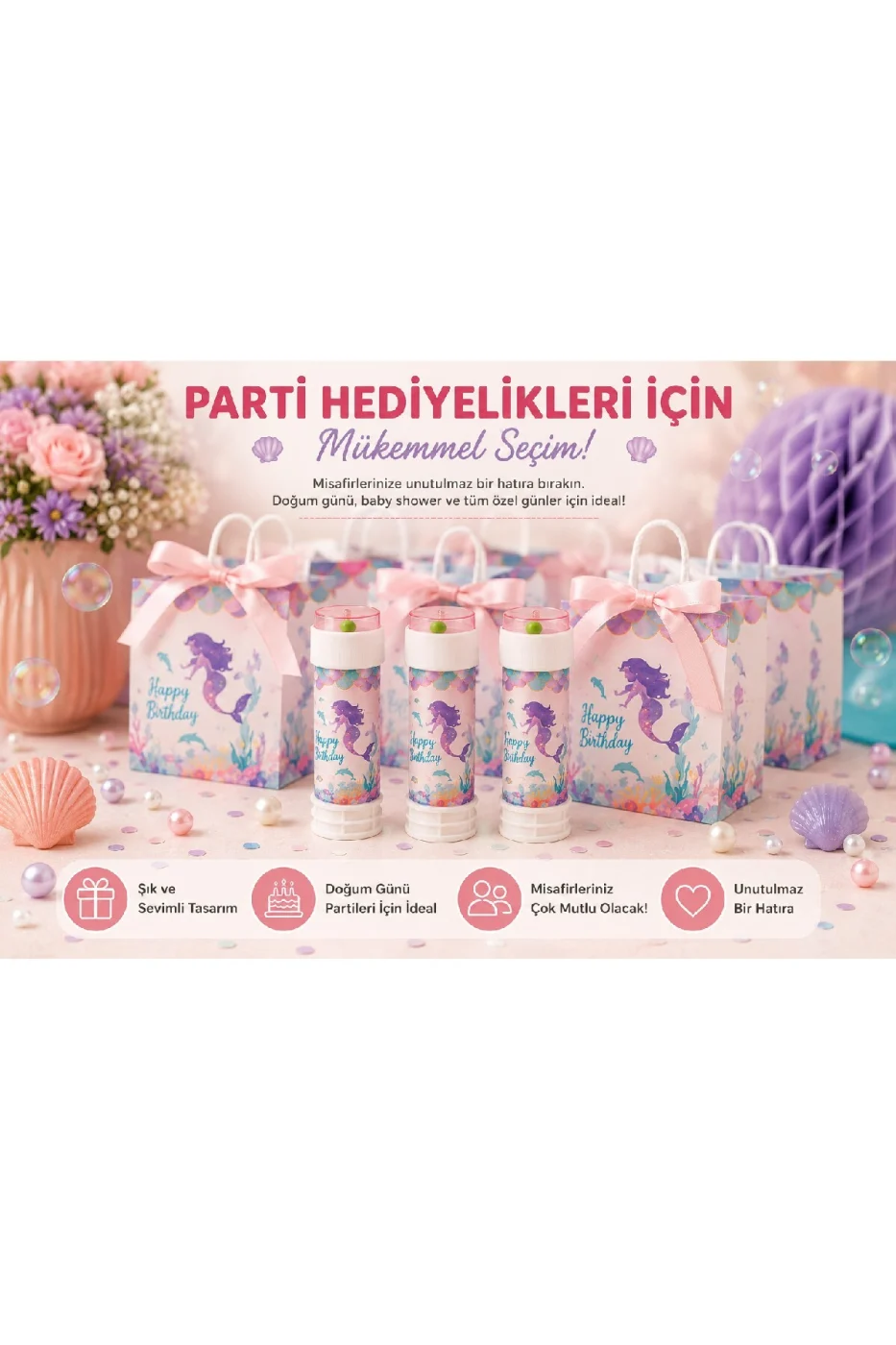 Deniz Kızı Temalı Köpük Baloncuk Tüpü 3'lü / 5'li / 10'lu Set Doğum Günü Parti Hediyeliği Bubble Oyuncağı Çocuk Baloncuk Oyuncağı gorsel 5
