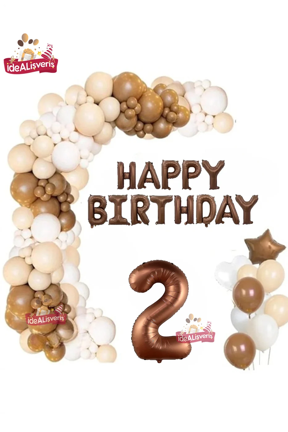 Kahverengi Happy Birthday 2 Yaş Folyo Balon Krem Beyaz Kahverengi Konsept Doğum Günü Parti Seti