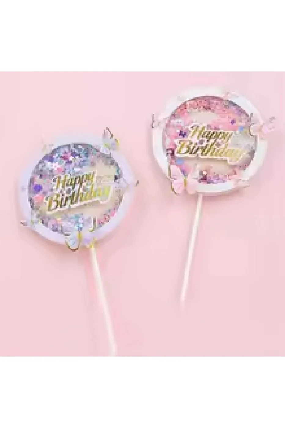 Pembe Happy Birthday Yuvarlak Kelebek Pasta Topper Kelebekler Dekorasyon Malzemeleri Pasta Süsü gorsel 2