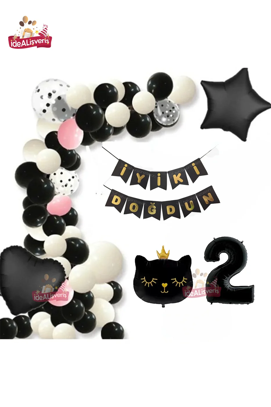 Bannerli 2 Yaş Siyah Kedi Folyolu Kalp Yıldız Siyah Beyaz Konsept Doğum Günü Seti