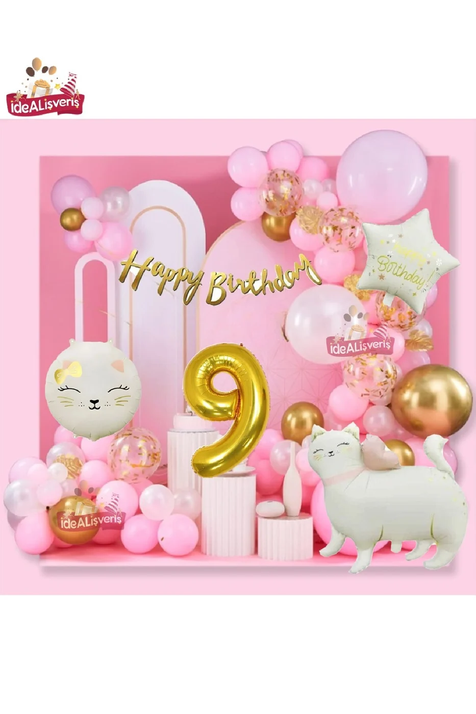 Yıldız ve Kedi Folyo Gold 9 Yaş Folyo Balonlu İyi Ki Doğdun Yazılı Pembe Gold Doğum Günü Parti Seti gorsel 3