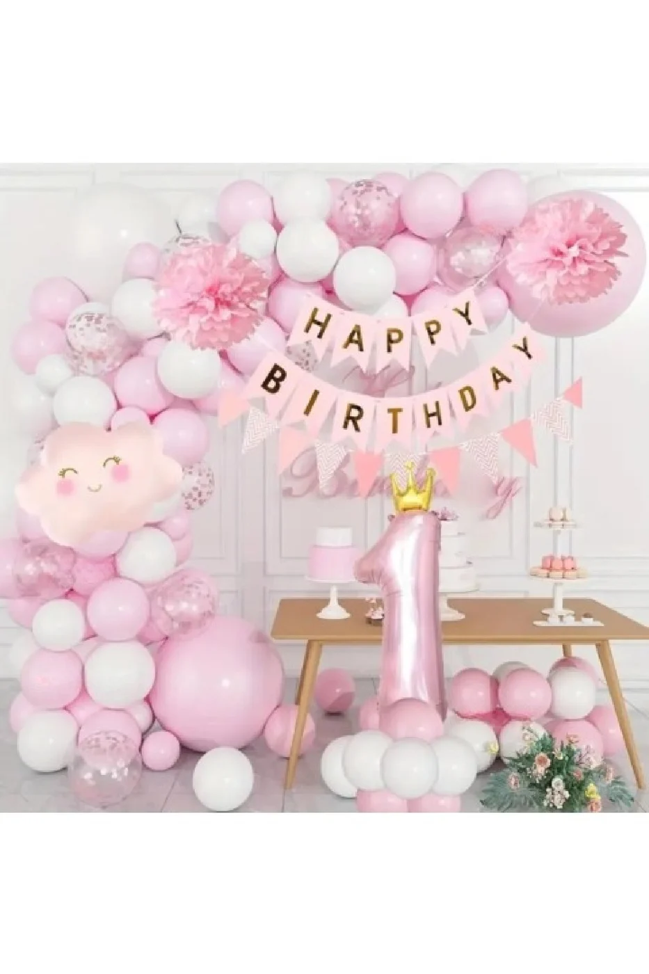 PEMBE BULUT FOLYOLU 1 YAŞ BALON ZİNCİR DOĞUM GÜNÜ PARTİ SETİ SÜSÜ