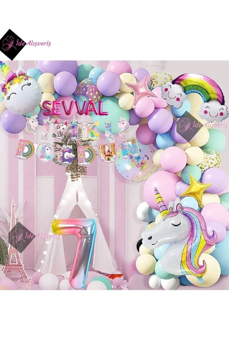 6 Harfli 7 Yaş Karakterli Unicorn Temalı Iyi Ki Doğdun Makaron Balon Doğum Günü Parti Kutlama Seti
