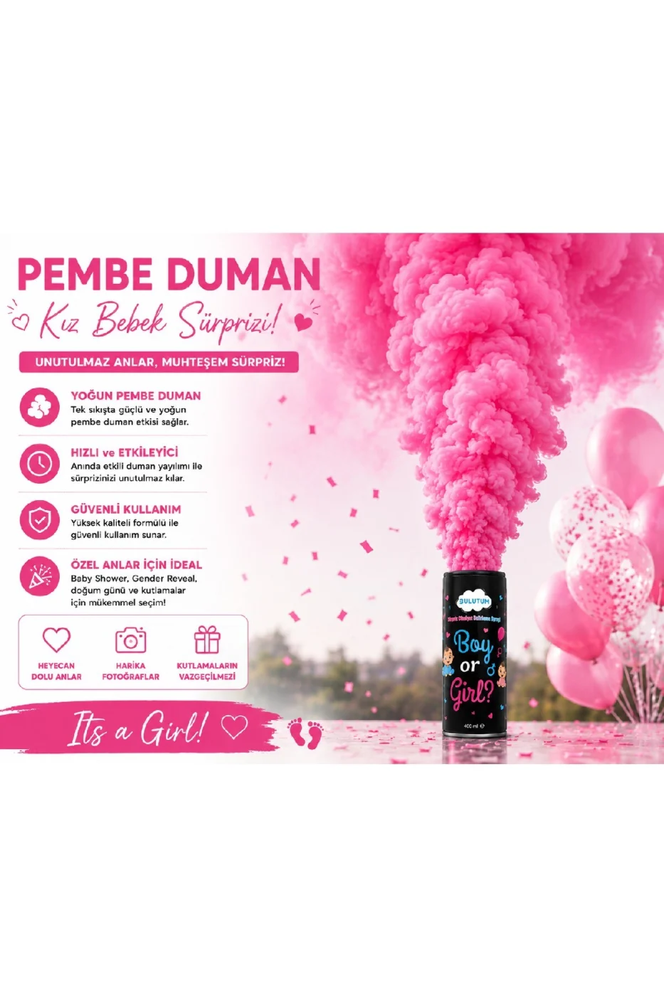 Cinsiyet Belirleme Duman Tüpü 400 ml Mavi & Pembe Gender Reveal Baby Shower Yoğun Duman Efekti gorsel 4