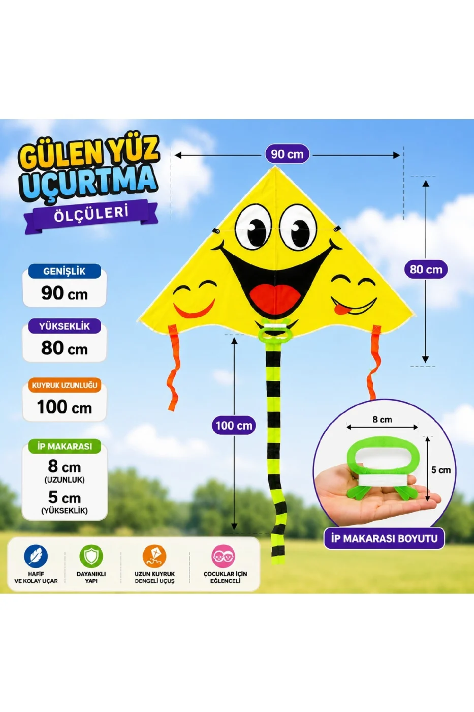 Gülen Yüz Uçurtma Çocuk Uçurtması | Kolay Uçan | Renkli Kuyruklu | İp Makaralı | Dayanıklı Açık Hava Oyuncağı gorsel 5