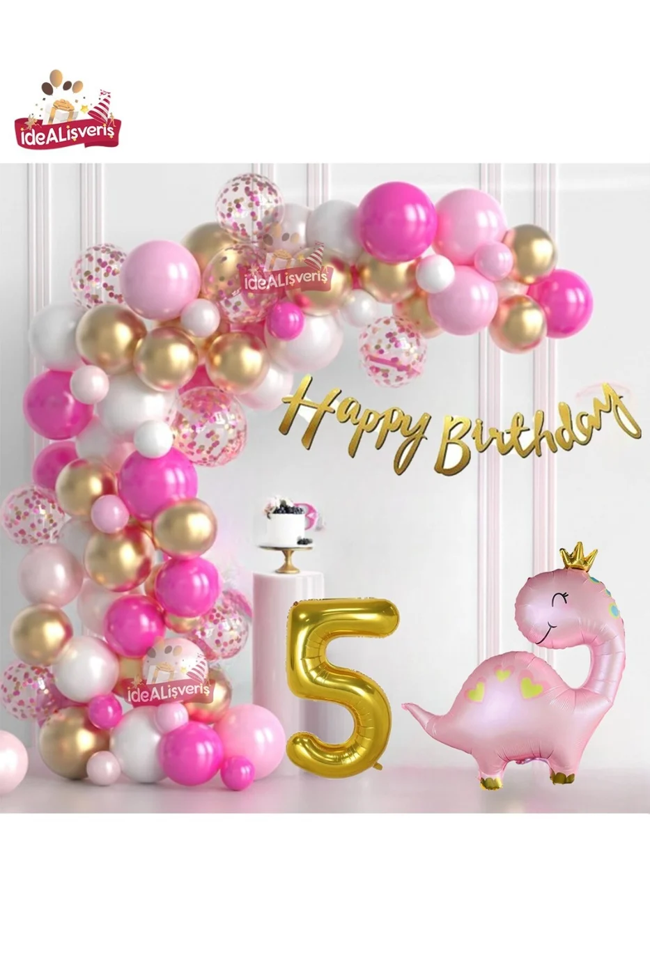 Lüks Pembe Dinozor  Yaş Folyo Balonlu Pembe Gold Beyaz Doğum Günü Parti Seti Süsü gorsel 4