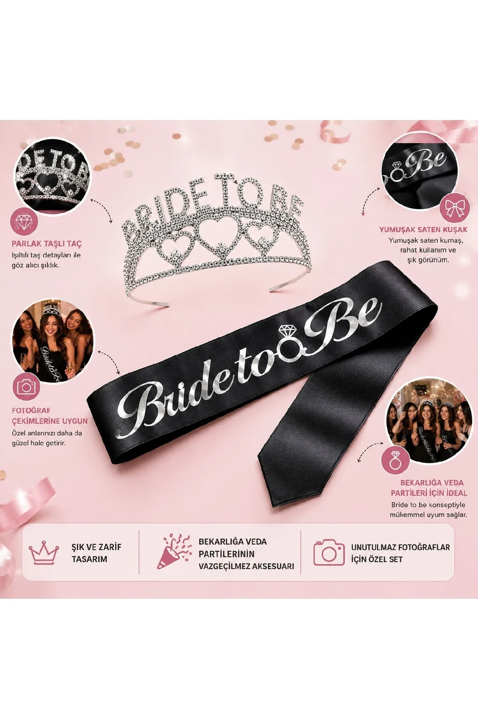 Bride To Be Taç ve Kuşak Seti Bekarlığa Veda Partisi Gelin Aksesuarı gorsel 4