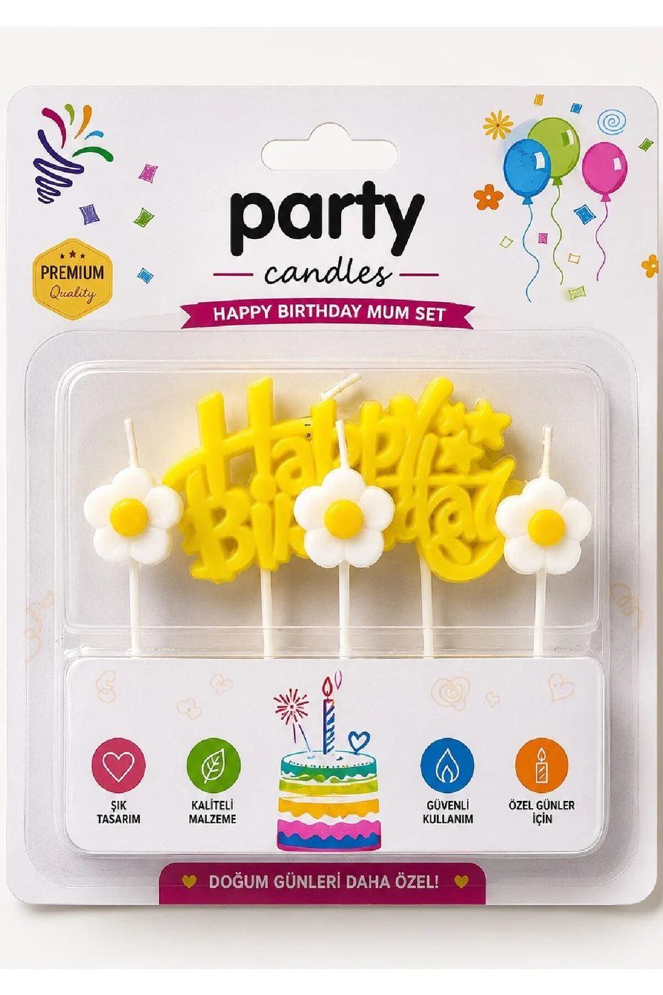 🌼 Premium Papatya Happy Birthday Pasta Mum Seti – 4 Parça gorsel 3