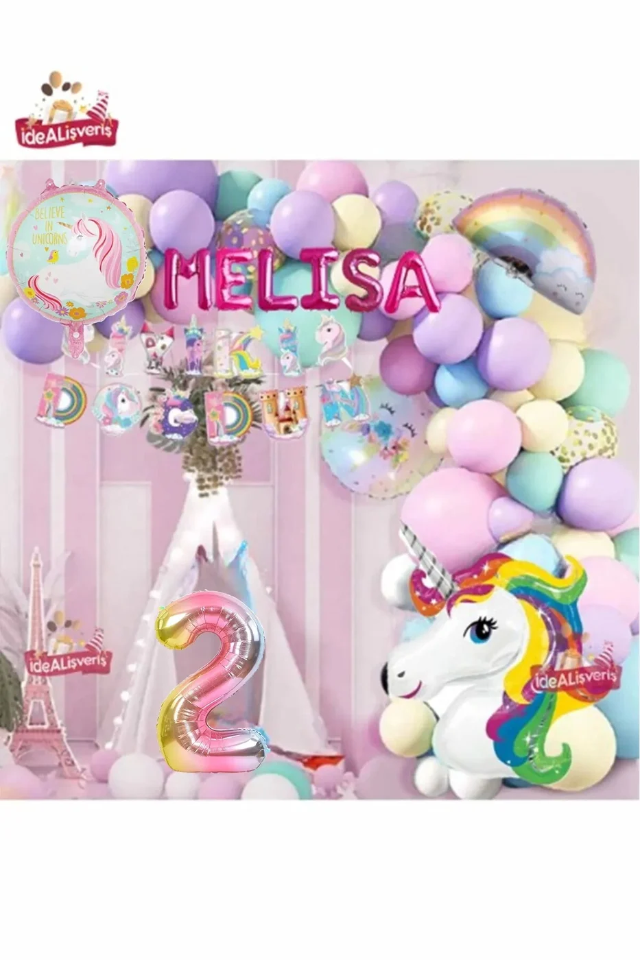 6 Harfli Yaş Unicorn Temalı Iyi Ki Doğdun Makaron Balon Doğum Günü Parti Kutlama Seti Süsü gorsel 3