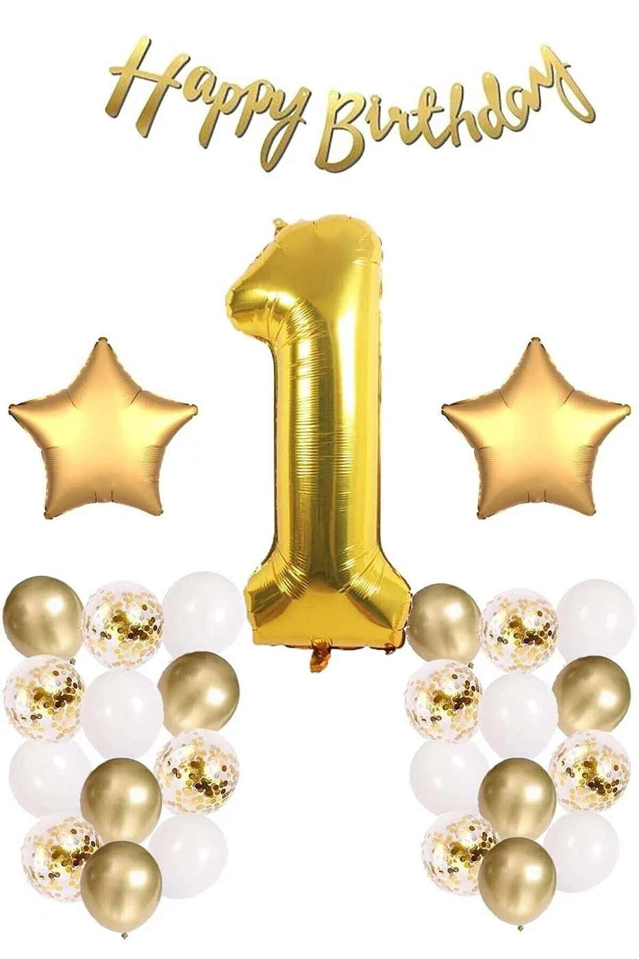 Gold Konsept Doğum Günü Kutlama Seti; Beyaz Gold Konfetili Balon, Rakam Yıldız Folyo Ve Banner