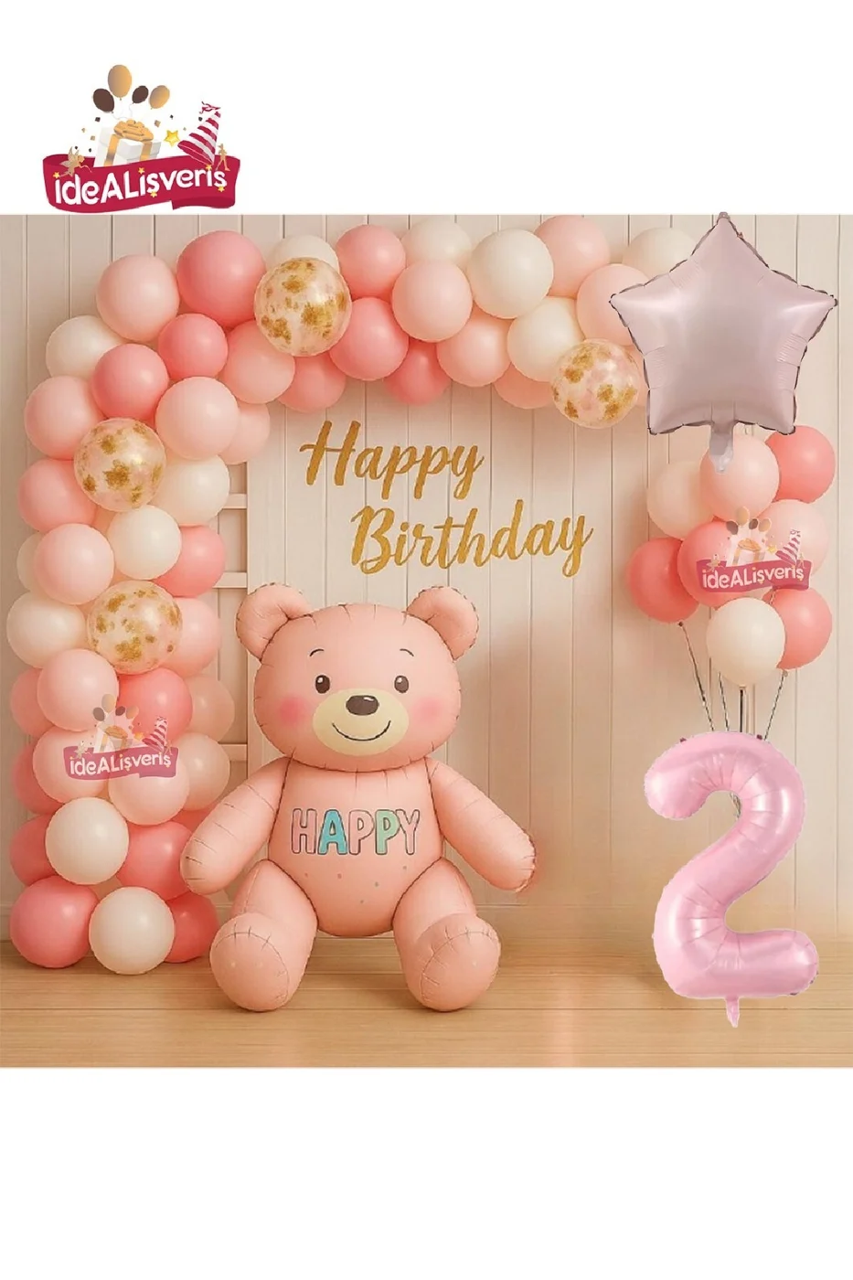 KIZ ÇOCUKLAR İÇİN PEMBE YAŞ AYICIK FOLYO BALONLU DOĞUM GÜNÜ PARTİ SETİ SÜSÜ gorsel 2