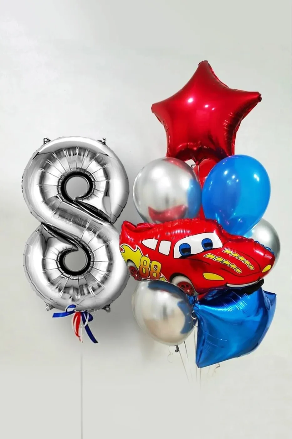 8 Yaş Şimşek Araba Temalı Balon Seti 76cm Gümüş Rakam Balonlu Yıldızlı Set