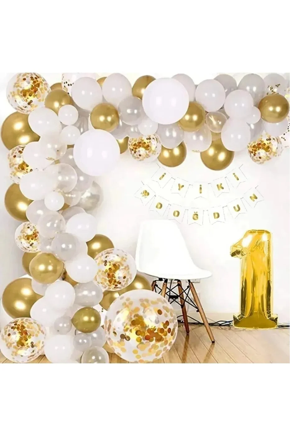 Beyaz Üzeri Gold Yaş Balon Zinciri Seti Gölge Altın Balon Dekorasyon gorsel 3