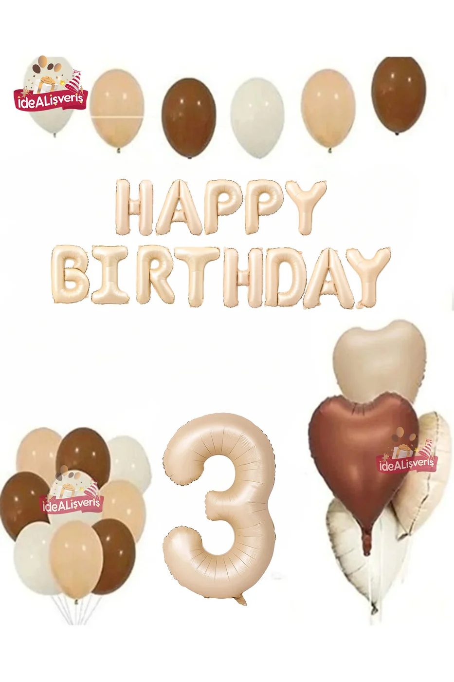Happy Birthday 3 Yaş Bej Folyo Balon Kahverengi Beyaz Bej Doğum Günü Parti Seti