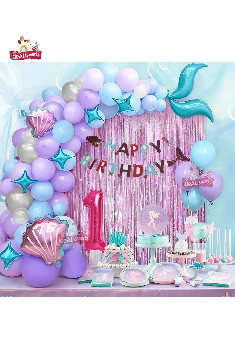 1 Yaş Deniz Kızı Banner Balon Mavi Mor Balonlar Folyo Saçak Perde Seti Doğum Günü Parti Süsü