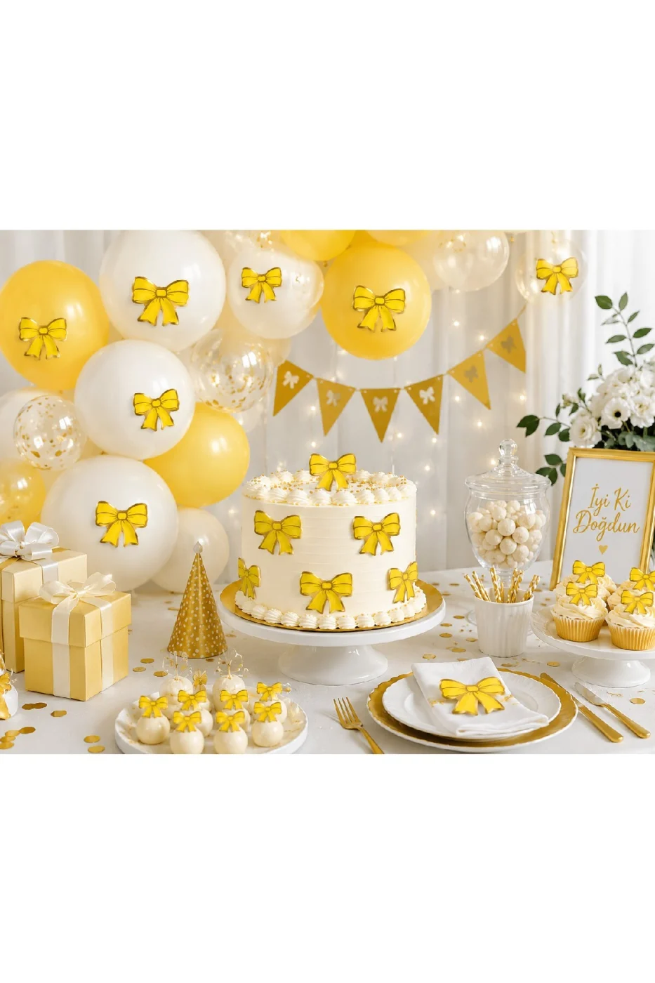 Renk Seçenekli Fiyonk Balon ve Pasta Dekor Fiyonk Seti 12 Adet Büyük & Küçük Boy Parti Süsü Baby Shower Doğum Günü Seti Süsü gorsel 4